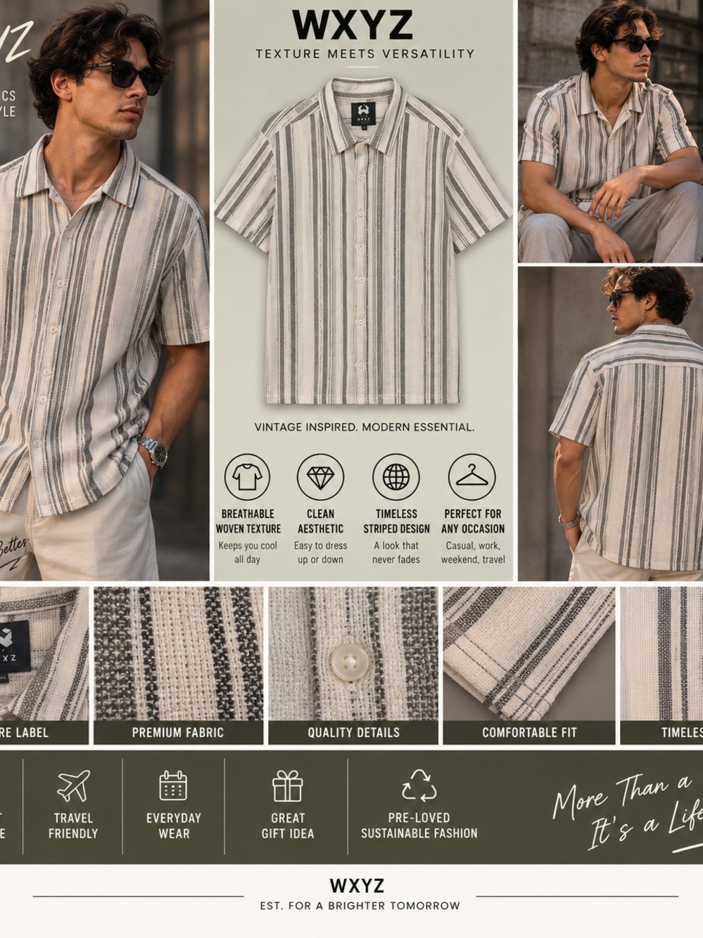 WXYZ Men’s Short-Sleeve Striped Button-Down Shirt — Cream & Gray